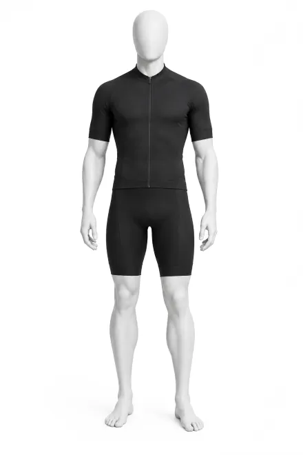 The mannequin wearing a black cycling jersey and bib shorts